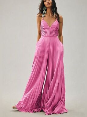 Anthropologie Mac Duggal Pleated Plunge Neck Wide Leg Jumpsuit Pink size 8